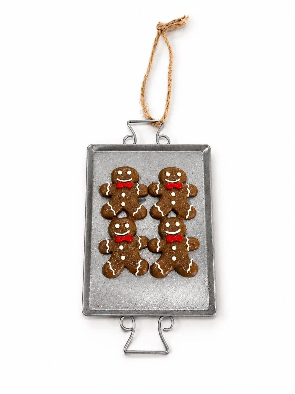 Pottery Barn Silver Tray Gingerbread Ornament with Red Bows